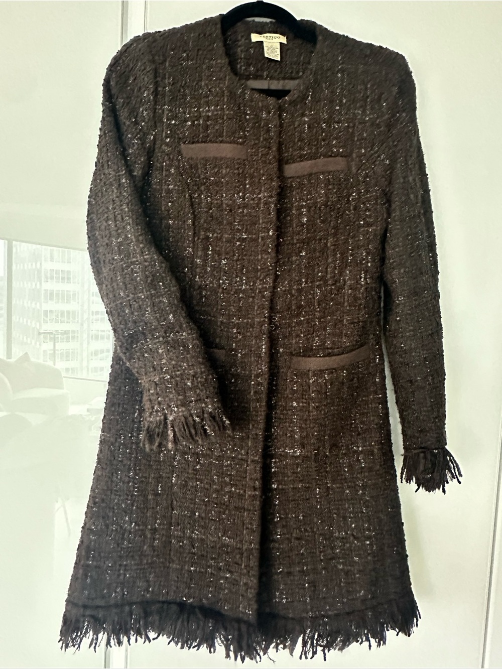 Vertigo Paris Dark Brown Tweed Fringe-Trim Coat